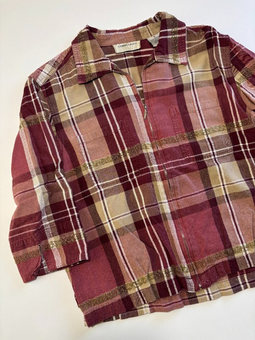 LEMON GRASS RED & BEIGE PLAID CROPPED COTTON ZIP UP JACKET